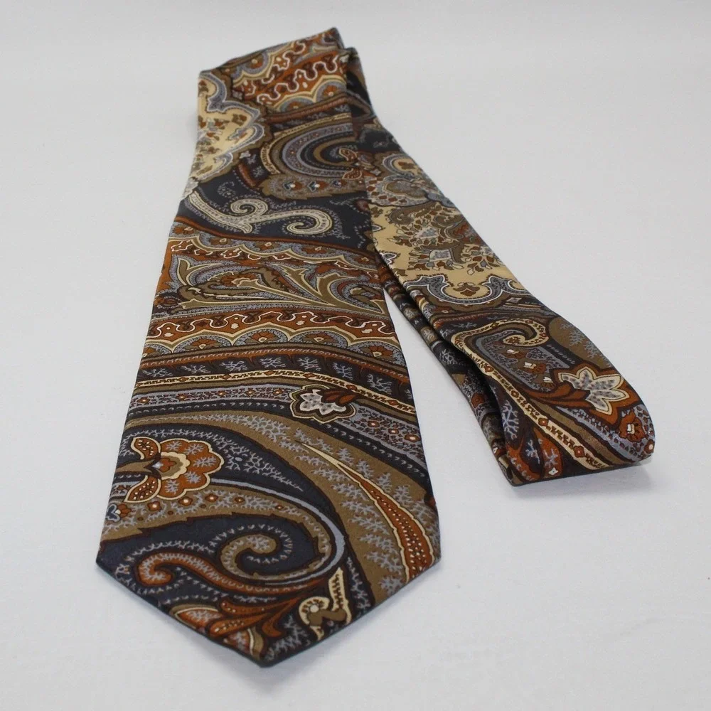 Stafford Tailored Culture Mens Silk Paisley Tie‎ Brown Tan Blue Hand Made